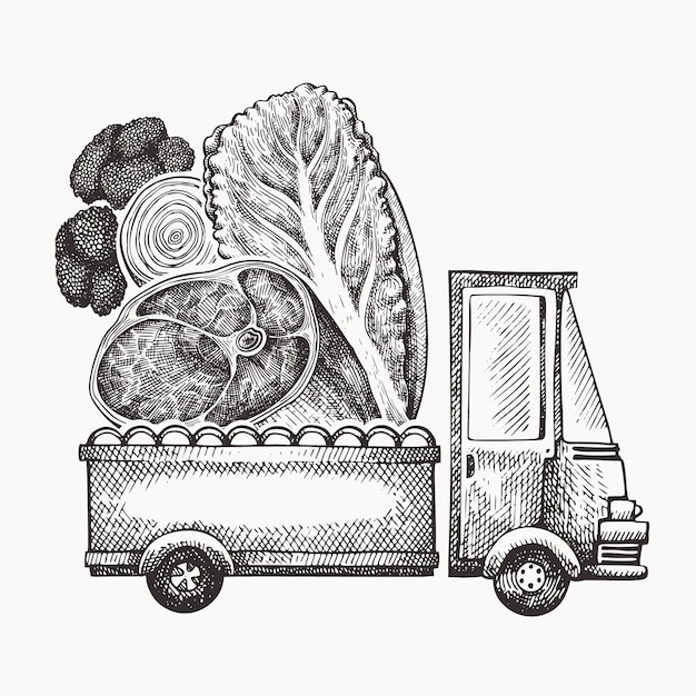 Modello di logo di consegna del negozio di alimentari. camion disegnato a mano con l'illustrazione della carne e delle verdure. design retrò in stile inciso.