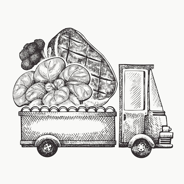 Modello di logo di consegna del negozio di alimentari. camion disegnato a mano con l'illustrazione della carne e delle verdure. design retrò in stile inciso.