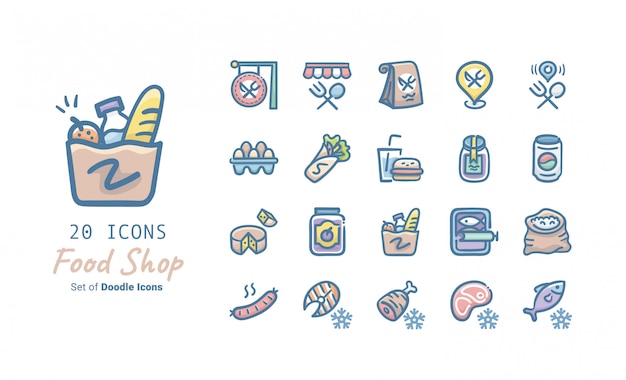 Collezione di icone doodle negozio di alimentari