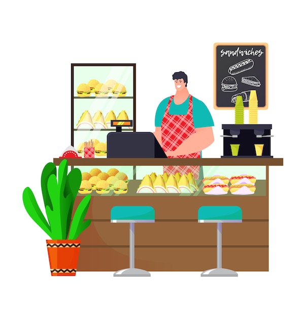 Vector food shop with burger sandwich and hotdog man cafe service isolated on white vector illustration