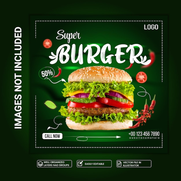 Vector food social media design green color for instagram post template