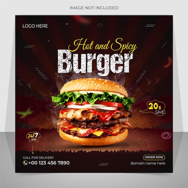 Food social media post design hot and spicy burger menu template