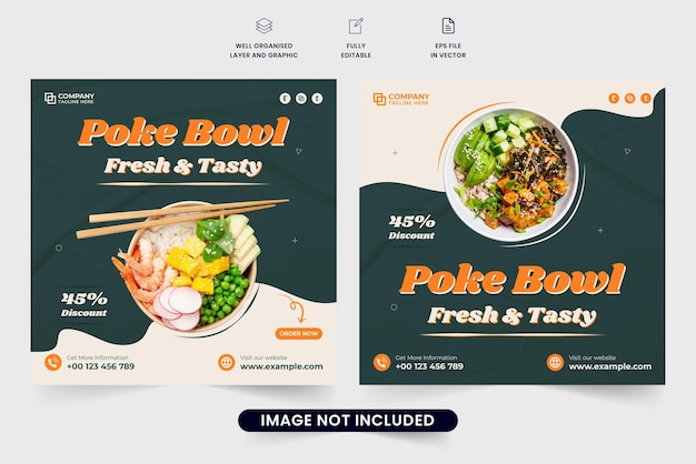 食品ソーシャル メディア ポスト デザイン暗いとオレンジ色のソーシャル メディア マーケティングのための特別な食品メニュー プロモーション web バナー テンプレート写真のプレース ホルダーとレストラン ビジネス ポスター デザイン