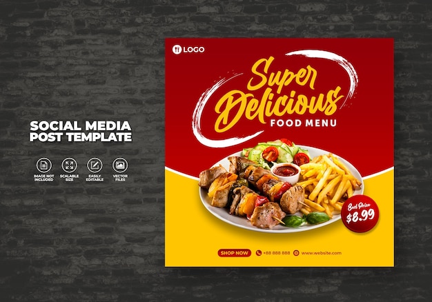 Modello di promozione dei social media alimentari e menu di banner