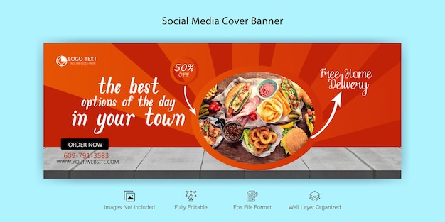 Продвижение еды в социальных сетях и шаблон дизайна баннера facebook