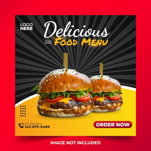 Food social media promotion and instagram banner post design template black and yellow sunbrust
