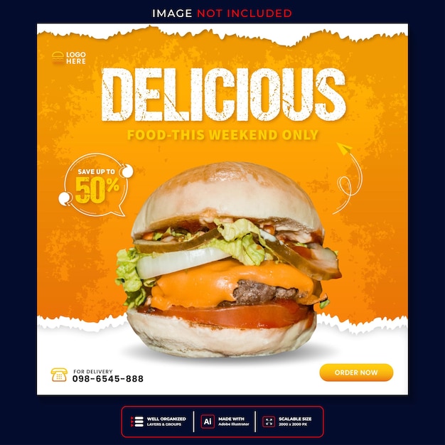 Promozione sui social media del cibo e modello di post design di banner instagram vettore premium