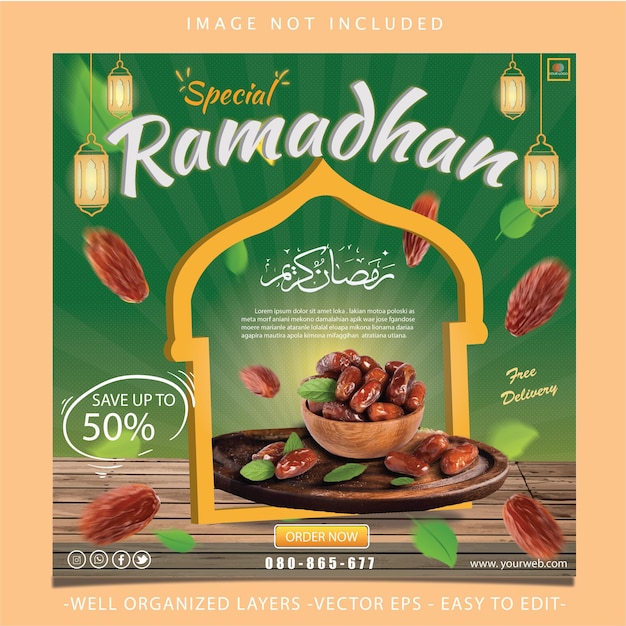 Продвижение еды в социальных сетях и шаблон оформления поста в instagram ramadhan Vector