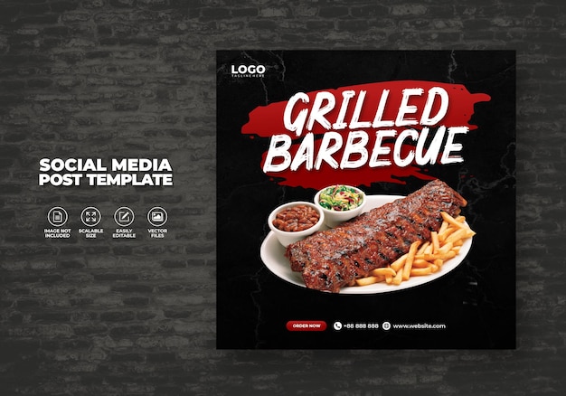 Vector food social media promotion and restaurant barbecue grill menu banner post free design template