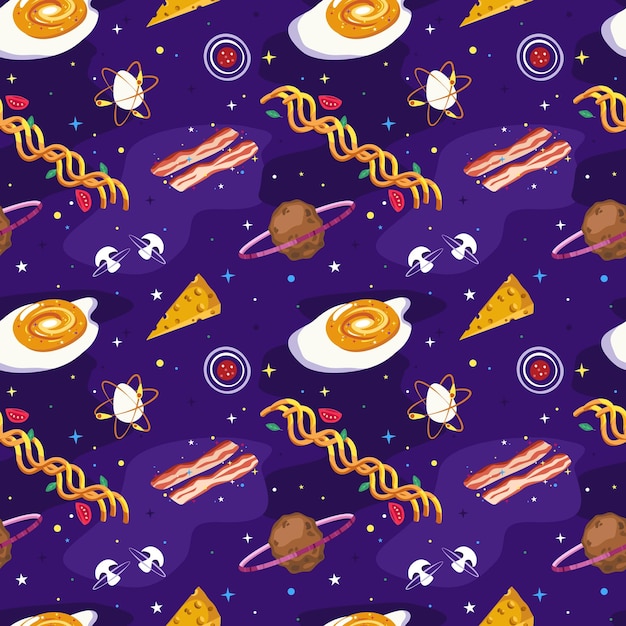 Food in space The universe is made up of food Seamless pattern Vector illustration