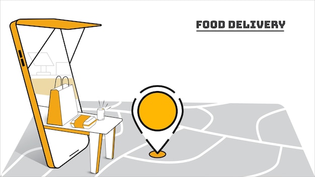 Vector a food table pops out from a mobile with a delivery location map