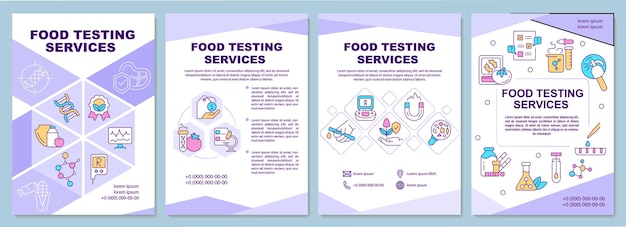 Услуги по тестированию пищевых продуктов Фиолетовый шаблон брошюры Химический анализ Дизайн листовок с линейными значками 4 векторных макета для презентационных годовых отчетов ArialBlack Myriad ProИспользуются обычные шрифты
