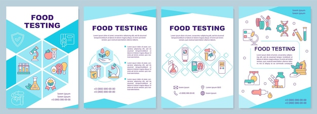 식품 테스트 청록색 브로셔 템플릿 선형 아이콘이 있는 식품 평가 전단지 디자인 프레젠테이션 연례 보고서를 위한 4개의 벡터 레이아웃 Arialblack Myriad Proregular 글꼴 사용