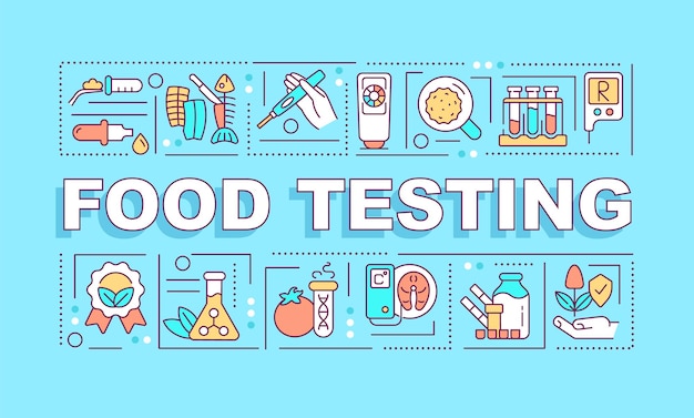 Food testing word concepts turquoise banner Measuring products quality Infographics with icons on color background Isolated typography Vector illustration with text ArialBlack font used