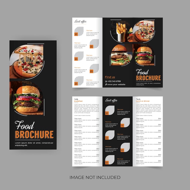 レストランのメニューカードや料理のレシピのための食品の三つ折りパンフレットのデザイン