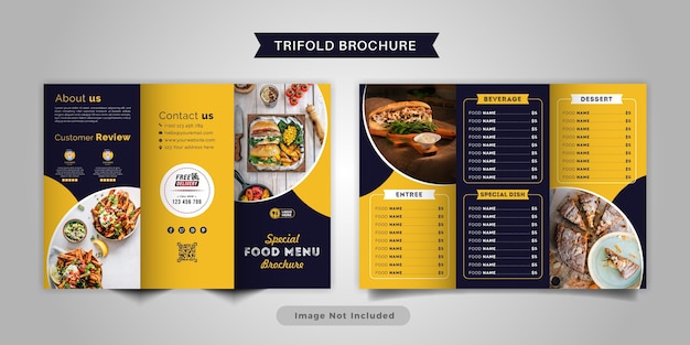 Шаблон меню брошюры trifold еды. брошюра меню быстрого питания для ресторана с желтым и синим цветом.