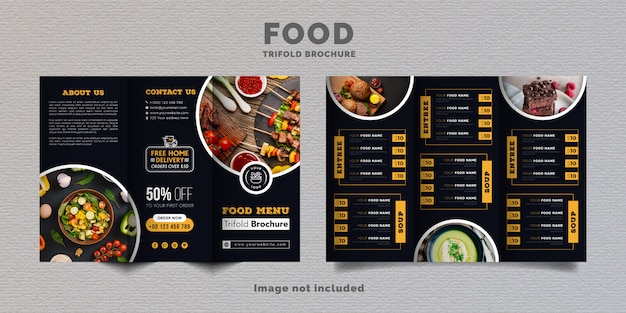 음식 Trifold 브로셔 메뉴 템플릿입니다. 노란색과 진한 파란색의 레스토랑 패스트 푸드 메뉴 책자.
