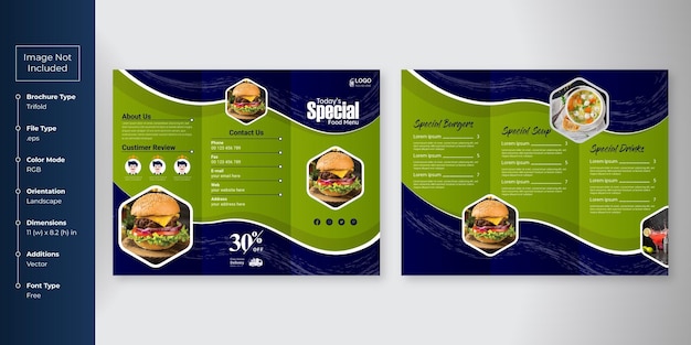 Brochure alimentare a tre ante modello di menu fast food brochure per ristorante con giallo e blu