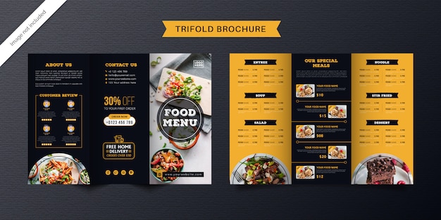 음식 Trifold 브로슈어 서식 파일입니다. 오렌지와 다크 블루 색상의 레스토랑 패스트 푸드 메뉴 책자.