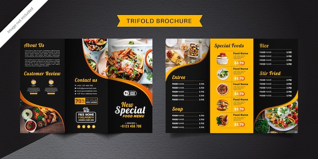 Vector food trifold brochure template. fast food menu brochure for restaurant with black and yellow color.