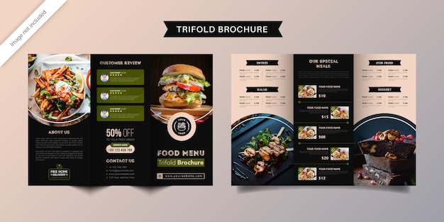 Vector food trifold brochure template. fast food menu brochure for restaurant with green and dark blue color.