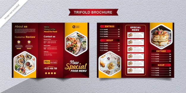 Modello di brochure a tre ante di cibo. brochure di menu fast food per ristorante con colore rosso e giallo.