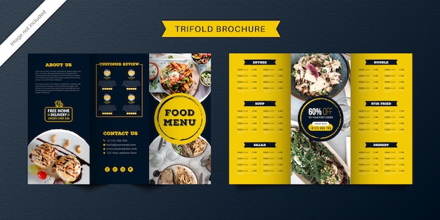 Modello di brochure a tre ante alimentare. brochure di menu fast food per ristorante di colore blu scuro e giallo.