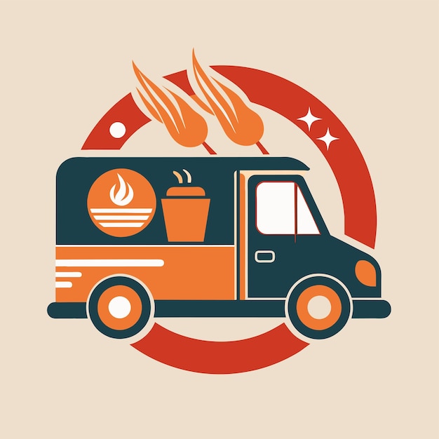 A food truck displaying a hot dog on its roof a minimalist logo featuring a stylized factory silhouette