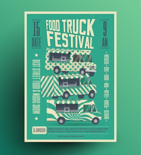 Vettore modello dell'aletta di filatoio dell'insegna del manifesto di festival del camion dell'alimento. illustrazione in stile vintage.