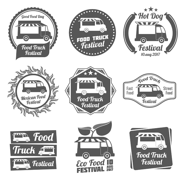 Food truck festival vintage emblems and logos vector set