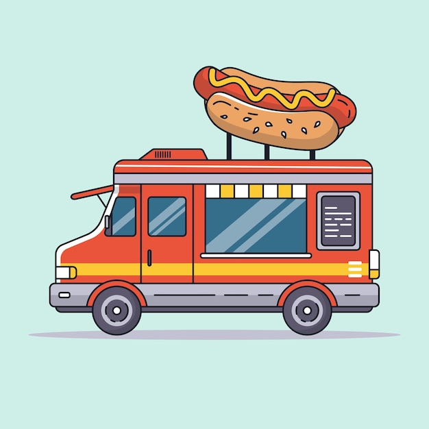 Food truck red van sells hot dogs vector illustration