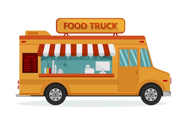 Food truck street food kitchen trailer van illustration minivan restaurant delivery service van