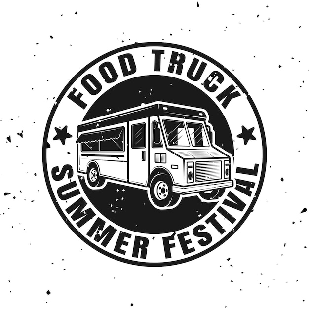 Продовольственный грузовик вектор круглый монохромный эмблема, значок, этикетка, наклейка или логотип в винтажном стиле, изолированные на белом фоне со съемными текстурами