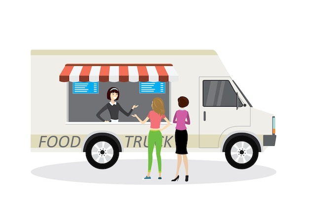 Vector food truck verkoper voor en kopers achter zicht moderne van trans vector illustratie