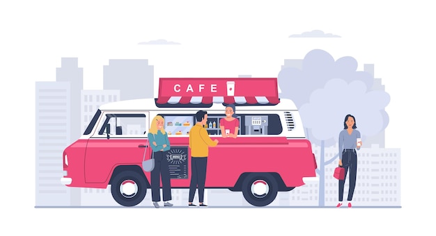 Food truck con venditore e visitatori. caffè su ruote. illustrazione vettoriale.