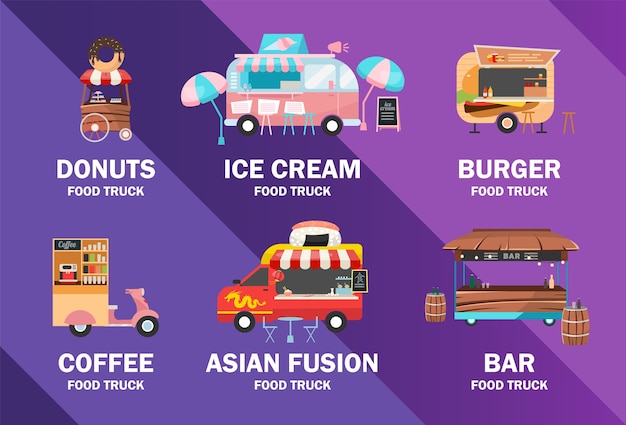 식품 트럭 포스터 템플릿입니다. 길거리 음식 축제. 브로셔, 커버, 평면 일러스트와 함께 책자 페이지 컨셉 디자인. 준비된 식사 차량. 광고 전단지, 전단지, 배너 레이아웃 아이디어
