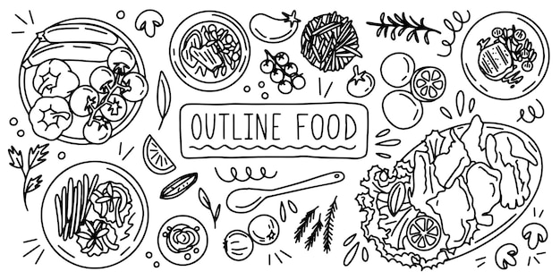 Vettore cibo piatti vettoriali contorno doodle disegno a mano icona linea schizzo