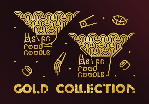 Food vector icon set Noodle gold line collection on dark background logo Noodles in a plate in a box eating with a fork or chopsticks illustration