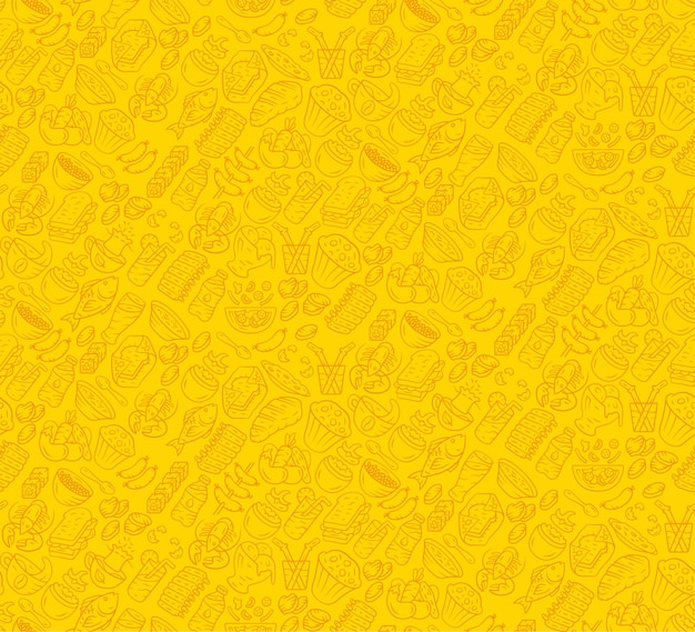 Vettore reticolo senza giunte di cibo. cucina, carta da parati del caffè degli alimenti a rapida preparazione con le icone della gastronomia. trama di colore giallo, oro. tessuto decorativo, design di carta da imballaggio. sfondo luminoso per menu, ricevute