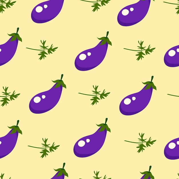 Food Vector Seamless Pattern with aubergines and parsley on a yellow background