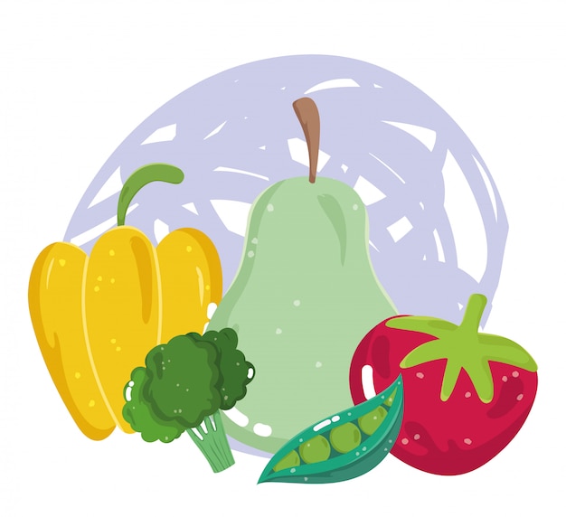 Food vegetables and fruit pear pepper tomato broccoli and peas menu fresh diet ingredient illustration