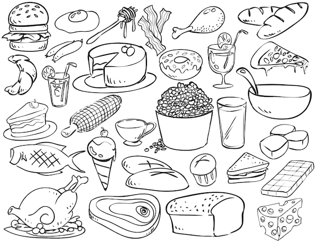 Vettore alimenti e bevande in stile doodle