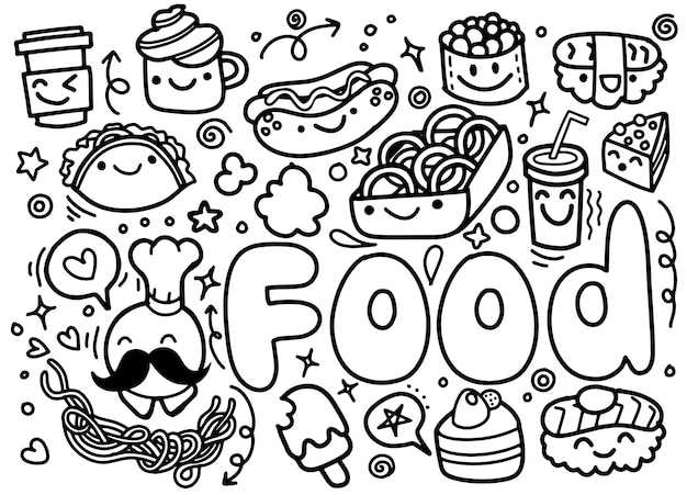 食べ物は手描きのスケッチのベクトルシンボルとオブジェクトを落書きする