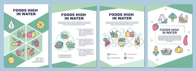 Modello di brochure per alimenti ricchi di acqua. verdure e frutta. volantino, opuscolo, stampa di volantini, copertina con icone lineari. layout vettoriali per presentazioni, relazioni annuali, pagine pubblicitarie