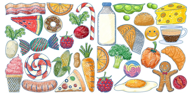 Foods in Pencil Colour Sketch Simple Style