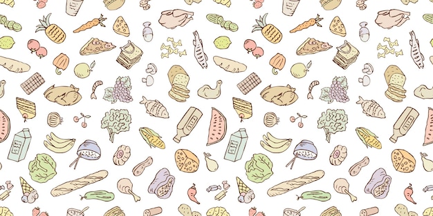 Vector foodstuff seamless pattern vector background paper textile ingredients meal eating fruit vegetables