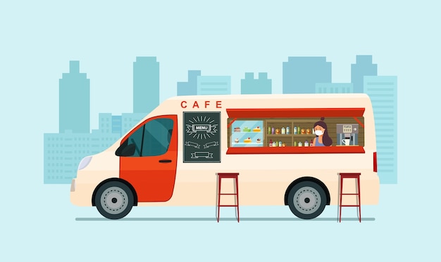 Foodtrack van with a seller in a medical mask isolated. Cafe on wheels.  illustration.