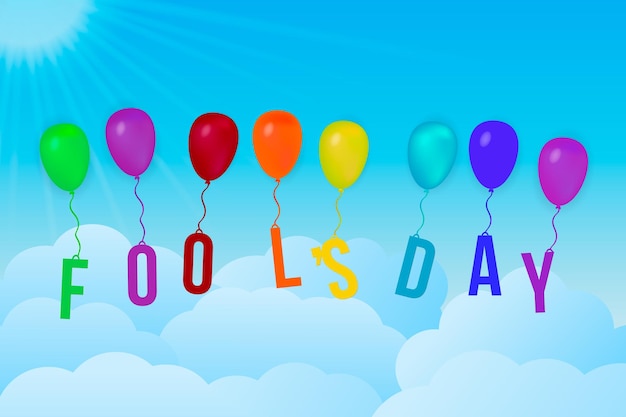 Fool s day vector illustration with colorful balloons and rays of sun on blue sky Easy to edit design template for your artworks