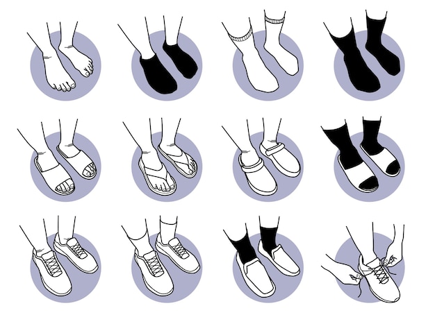 Vector foot and feet wearing different type of shoes and socks.