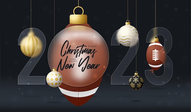 Football 2023 new year sale banner or greeting card happy new year and merry christmas sport banner with glassmorphism glassmorphism or glass morphism blur effect Realistic vector illustration